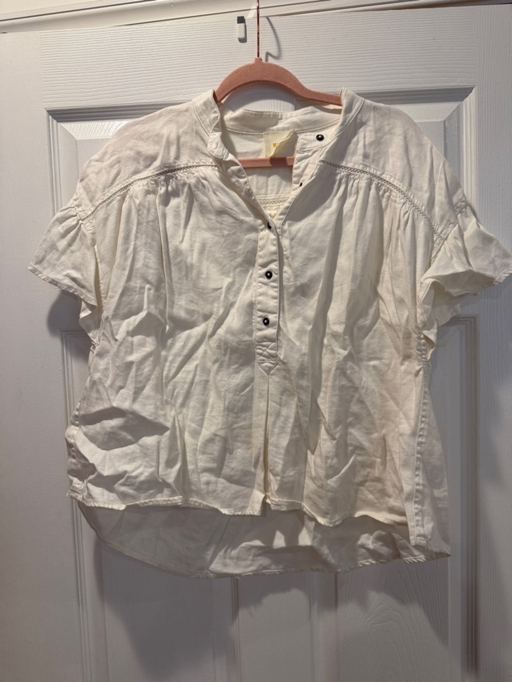 Maeve Cream Short Sleeve Button Henley Blouse